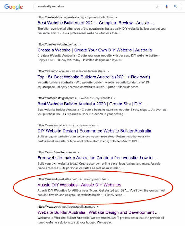 Aussie DIY Websites 1st Page of Google in 12 hours